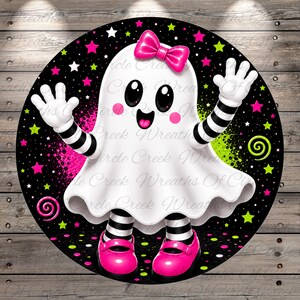 May include: A circular sign featuring a cartoon ghost with a white body, black and white striped arms and legs, and bright pink shoes. The ghost wears a pink bow on its head. The background is black with neon pink and green stars and swirls.