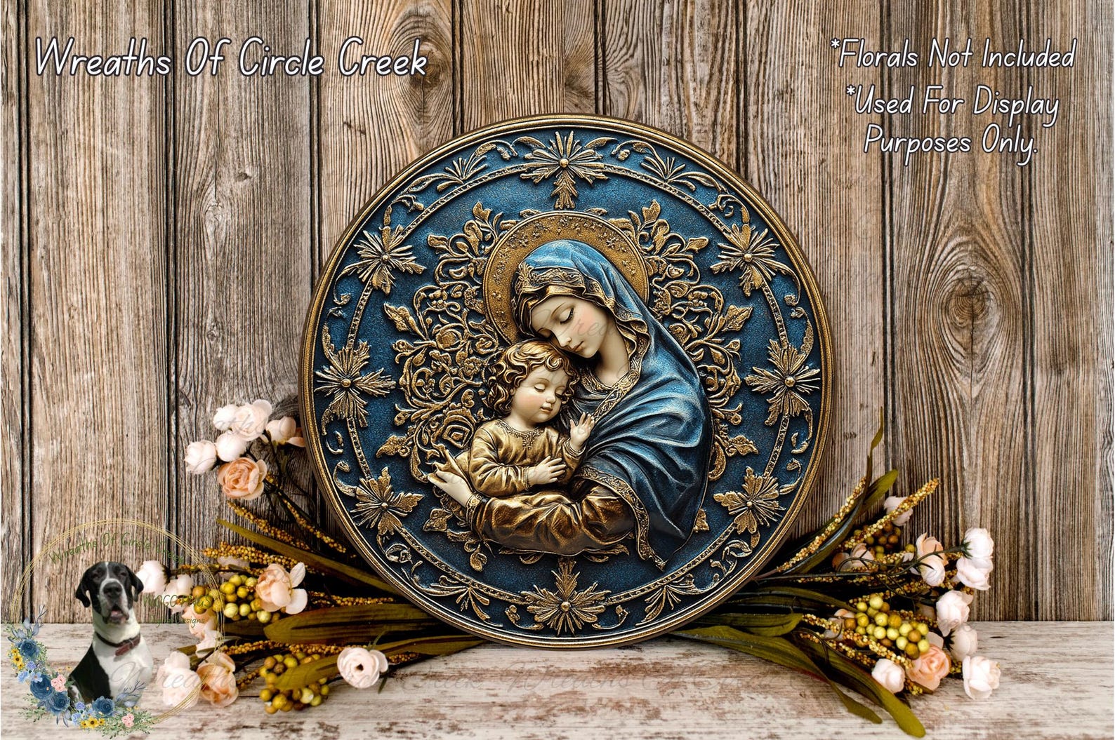 Mother Mary Gold and Blue Aluminum Metal Wreath Sign (Lightweight, No Holes) - Round Sign 10" Inches