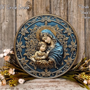 Mother Mary Gold and Blue Aluminum Metal Wreath Sign (Lightweight, No Holes) image 3