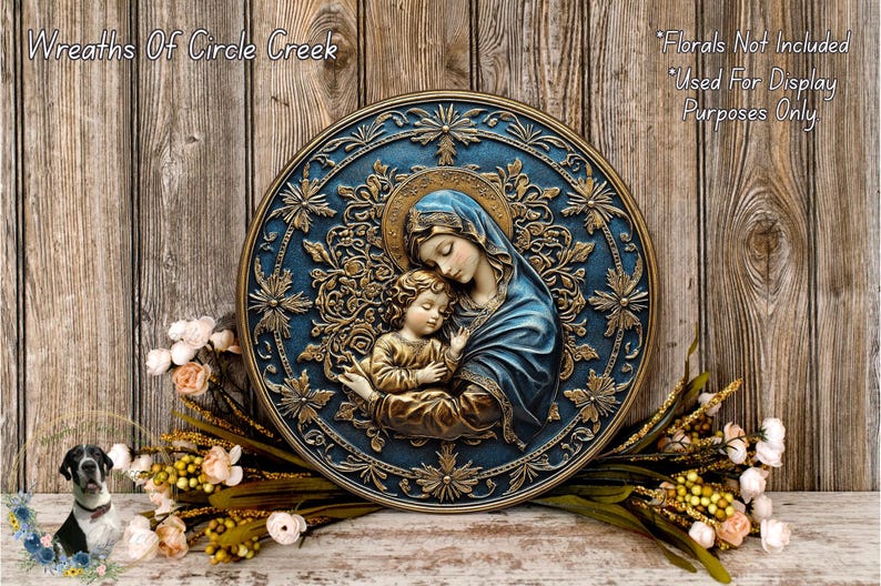 Mother Mary Gold and Blue Aluminum Metal Wreath Sign (Lightweight, No Holes) image 3