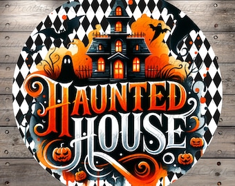 Haunted House Wreath Sign | Lightweight Round Metal Wreath Sign | No Holes in Sign | Spooky Halloween Door Decor