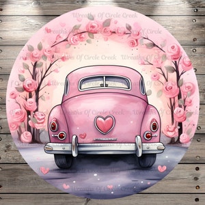 Love Bug, Volkswagen Beetle, Pink, Valentine, Round, Lightweight, Metal, Wreath Sign, No Holes In Sign
