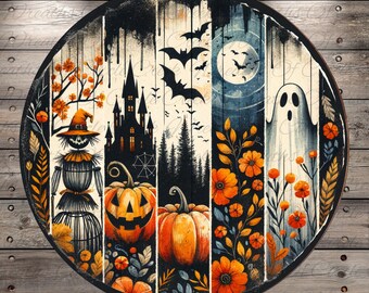 Halloween Scene | Vertical Panel Style | Lightweight Round Metal Wreath Sign | No Holes in Sign | Fall Haunted Pumpkin Ghost Decor