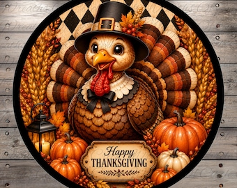 May include: A circular Thanksgiving decoration with a cartoon turkey wearing a pilgrim hat. The turkey is surrounded by pumpkins, wheat, and autumn leaves. The sign reads "Happy Thanksgiving". The background has a diamond pattern.