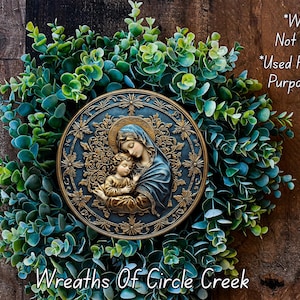 Mother Mary Gold and Blue Aluminum Metal Wreath Sign (Lightweight, No Holes) image 2
