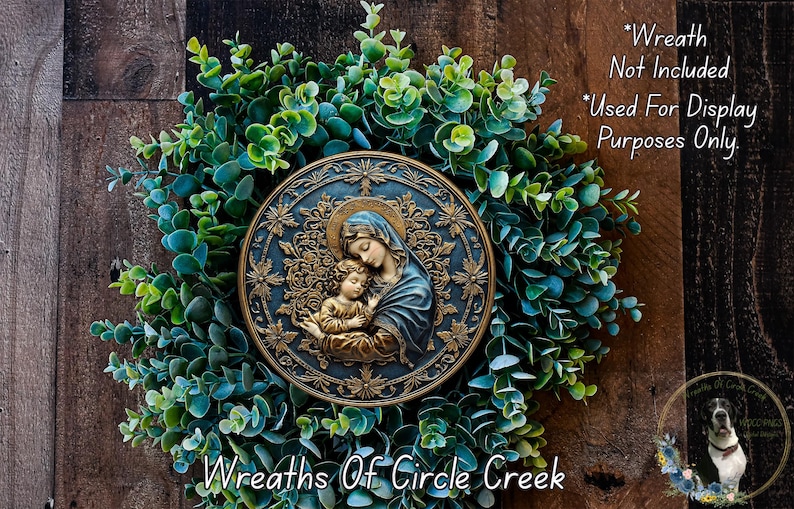 Mother Mary Gold and Blue Aluminum Metal Wreath Sign (Lightweight, No Holes) image 2