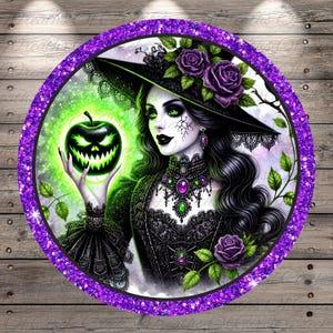 Witch with Halloween Apple | Lightweight Round Metal Wreath Sign | No Holes in Sign | Gothic Halloween Decor
