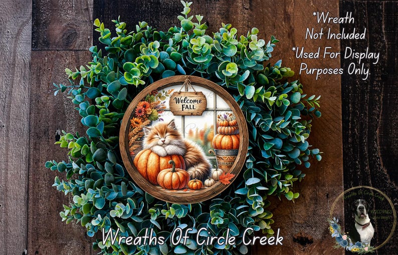 Welcome Fall Cat Pumpkin Sign | Lightweight Round Metal Wreath Sign ...