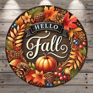 May include: A round wooden sign with a fall wreath. The wreath is made of autumn leaves, pine cones, berries, and a pumpkin. The sign says "Hello Fall" in white lettering.