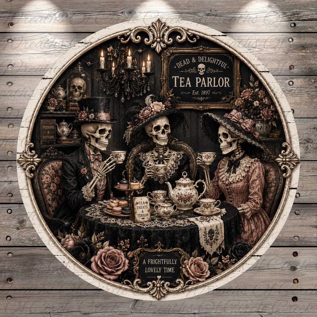 Skeleton Making Tea Skeleton Tea Parlor Gothic Halloween Aluminum Metal Wreath Sign ...