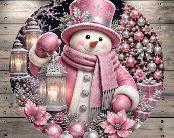 Pink and Silver Lantern Snowman, Whimsical Christmas Decor, Round Aluminum Metal Wreath Sign (Lightweight, No Holes)