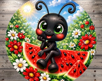 Cute Ant Watermelon Wreath Sign Summer Garden Decor Whimsical Bug Decor Aluminum Metal Wreath Sign (Lightweight, No Holes)