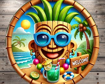 Tropical Tiki Welcome Aluminum Metal Wreath Sign (Lightweight, No Holes)