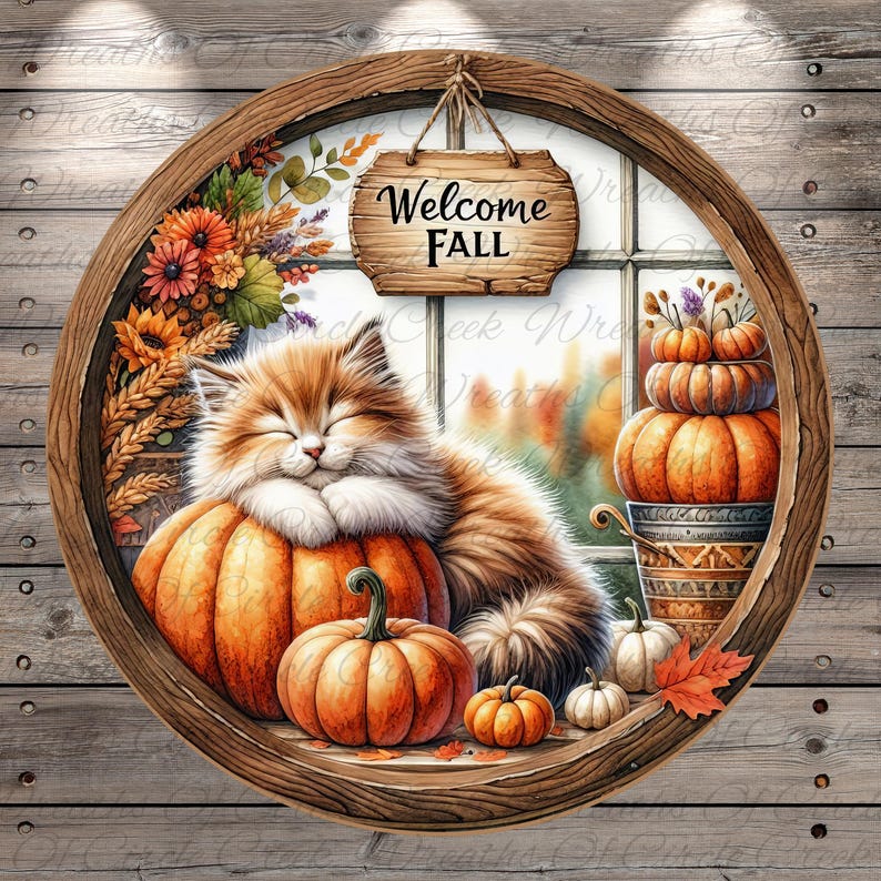 Welcome Fall Cat Pumpkin Sign | Lightweight Round Metal Wreath Sign ...