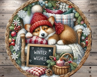 Winter Wishes Corgi | Cozy Christmas Dog Decor | Lightweight Round Metal Wreath Sign | No Holes in Sign