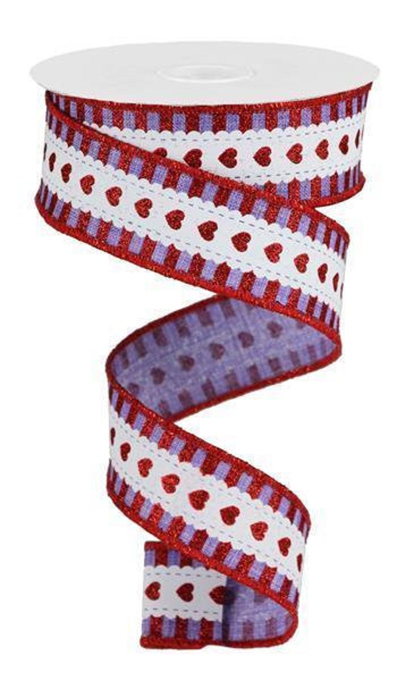 Lavender White Valentine Ribbon Red RGA163413 Wired 1.5 X 10 YD Hearts With Stripe Border