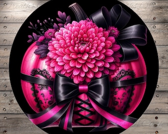 Pink & Black Pumpkin | Lightweight Round Metal Wreath Sign | No Holes In Sign | Glam Halloween Fall Decor