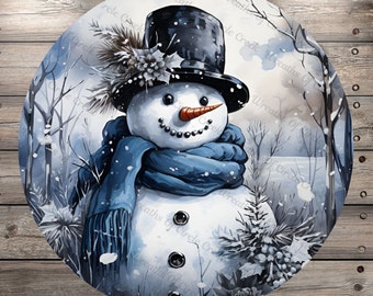 Snowman With Top Hat, Classic, Winter Scene, Watercolor, Round, Light Weight, Metal Wreath Sign, No Holes