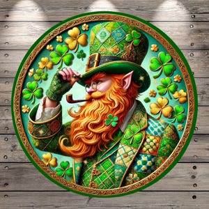 May include: A round illustration of a leprechaun wearing a green hat with gold trim and a green, gold, and white patterned suit. He is holding a pipe in his right hand and has a long, red beard. The background is a green and gold pattern of shamrocks.
