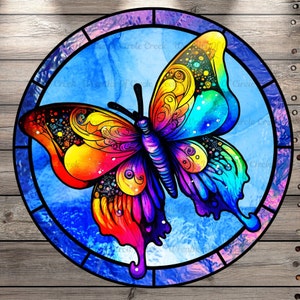 Butterfly, Multi Color, Stain Glass Print, Round, Light Weight, Metal Wreath Sign, No Holes