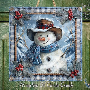 Blue Christmas Snowman Sign | Lightweight Square Metal Wreath Sign | No Holes in Sign | Winter Farmhouse Decor