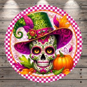 Colorful Sugar Skull Wreath Sign | Lightweight Round Metal Wreath Sign | No Holes in Sign | Day of the Dead Halloween Decor