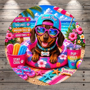 Dachshund Beach Pup Round Aluminum Metal Wreath Sign, Summer Dog Decor (Lightweight, No Holes)