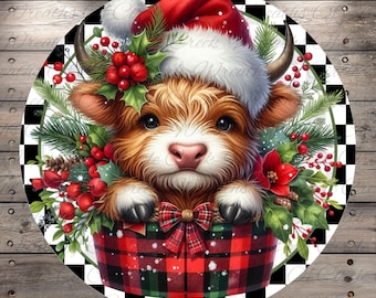 Highland Cow Christmas Wreath Sign | Lightweight Round Metal Wreath Sign | No Holes in Sign | Buffalo Plaid Holiday Decor