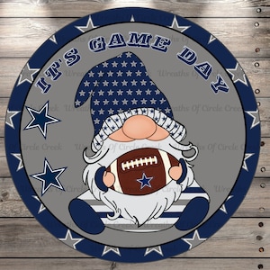 Football Wreath Sign, It&#39;s Game Day, Navy, Gray, Football Gnome, Stars Border, Round, Lightweight, Metal Sign, No Holes In Sign