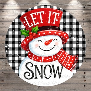 Let It Snow Snowman | Lightweight Round Metal Wreath Sign | No Holes in Sign | Winter Buffalo Plaid Decor