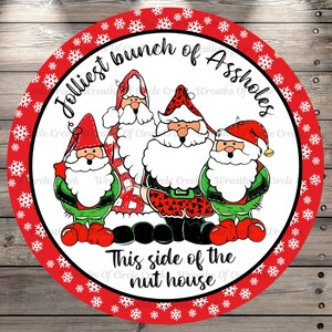 Wreath Sign, Christmas, Gnomes, Jolliest Bunch, Christmas Humor, Red, Snowflake Border Round UV Coated, Metal Sign, No Holes