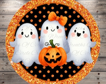 Cute Ghost Trio Sign | Lightweight Round Metal Wreath Sign | No Holes in Sign | Halloween Door Hanger with Jack-o’-Lantern