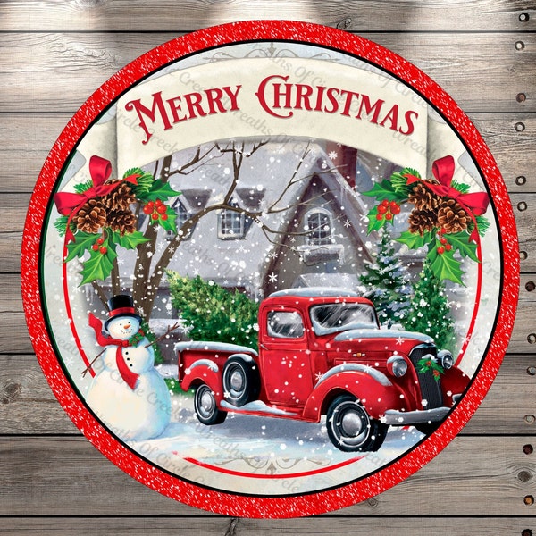 Classic Red Truck, Snowman, Merry Christmas, Round Metal, Wreath Sign, No Holes