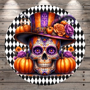 Day of the Dead Skull Wreath Sign | Lightweight Round Metal Wreath Sign | No Holes in Sign | Sugar Skull Fall Decor