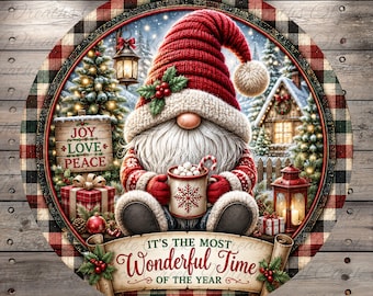 It's the Most Wonderful Time of the Year Gnome Round Aluminum Metal Wreath Sign, Cozy Christmas Farmhouse Decor (Lightweight, No Holes)