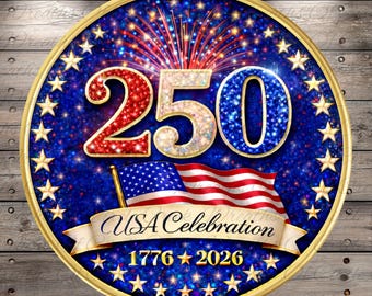 USA 250 Celebration Glitter Patriotic Aluminum Metal Wreath Sign (Lightweight, No Holes)