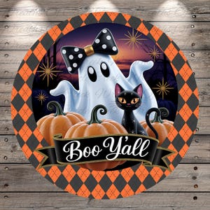 Boo Y’all Ghost Cat  Orange And Black Aluminum Metal Wreath Sign (Lightweight, No Holes)