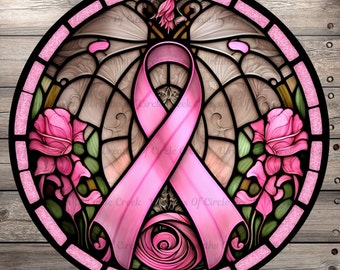 Breast Cancer Awareness, Pink Ribbon, And Roses, Stained Glass Print, Round UV Coated, Metal Sign, No Holes