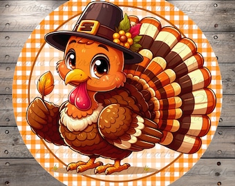 May include: A cartoon turkey wearing a pilgrim hat, holding a feather, and set against an orange and white checkered background. The turkey has brown, orange, and white feathers, a red wattle, and a yellow beak. The image is circular.