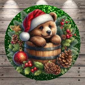 Christmas Bear in Barrel Sign | Lightweight Round Metal Wreath Sign | No Holes in Sign | Cute Holiday Bear Decor