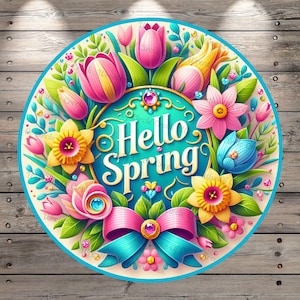 Tulipanes, flores, Hola primavera, azul, rosa, amarillo, ligero, letrero de corona de metal, sin agujeros