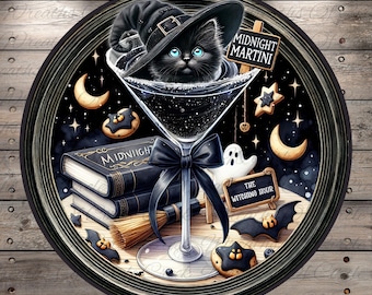 Midnight Martini Cat Sign | Witchy Halloween Decor | Lightweight Round Metal Wreath Sign | No Holes | Spooky Cocktail Sign