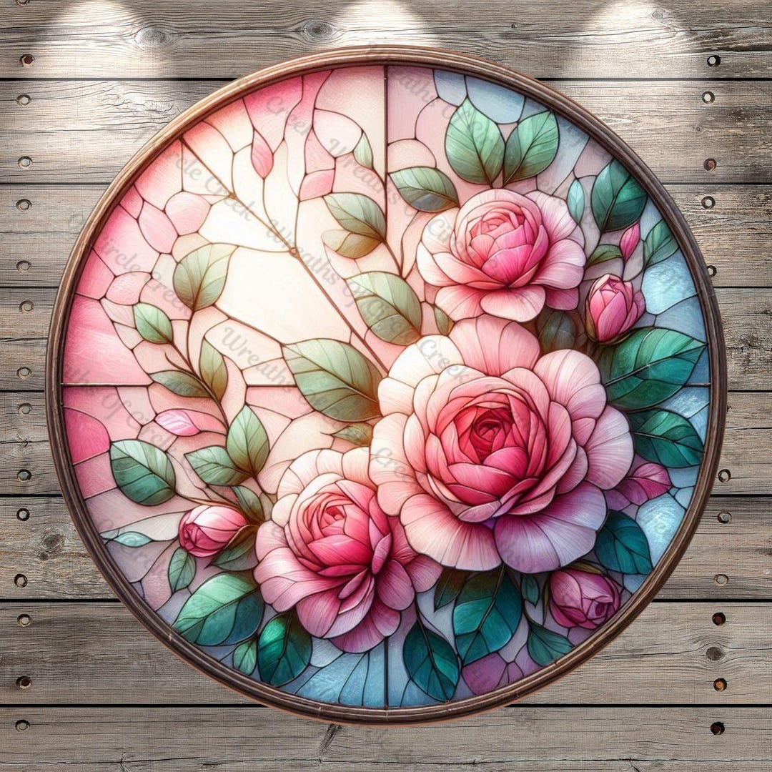 Vintage Pink Roses, Wreath Sign, Faux Stain Glass Print, Shabby Chic ...