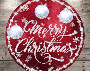 Merry Christmas, Red, Silver, Ornaments, Round, Light Weight, Metal, Wreath Sign, No Holes In Sign