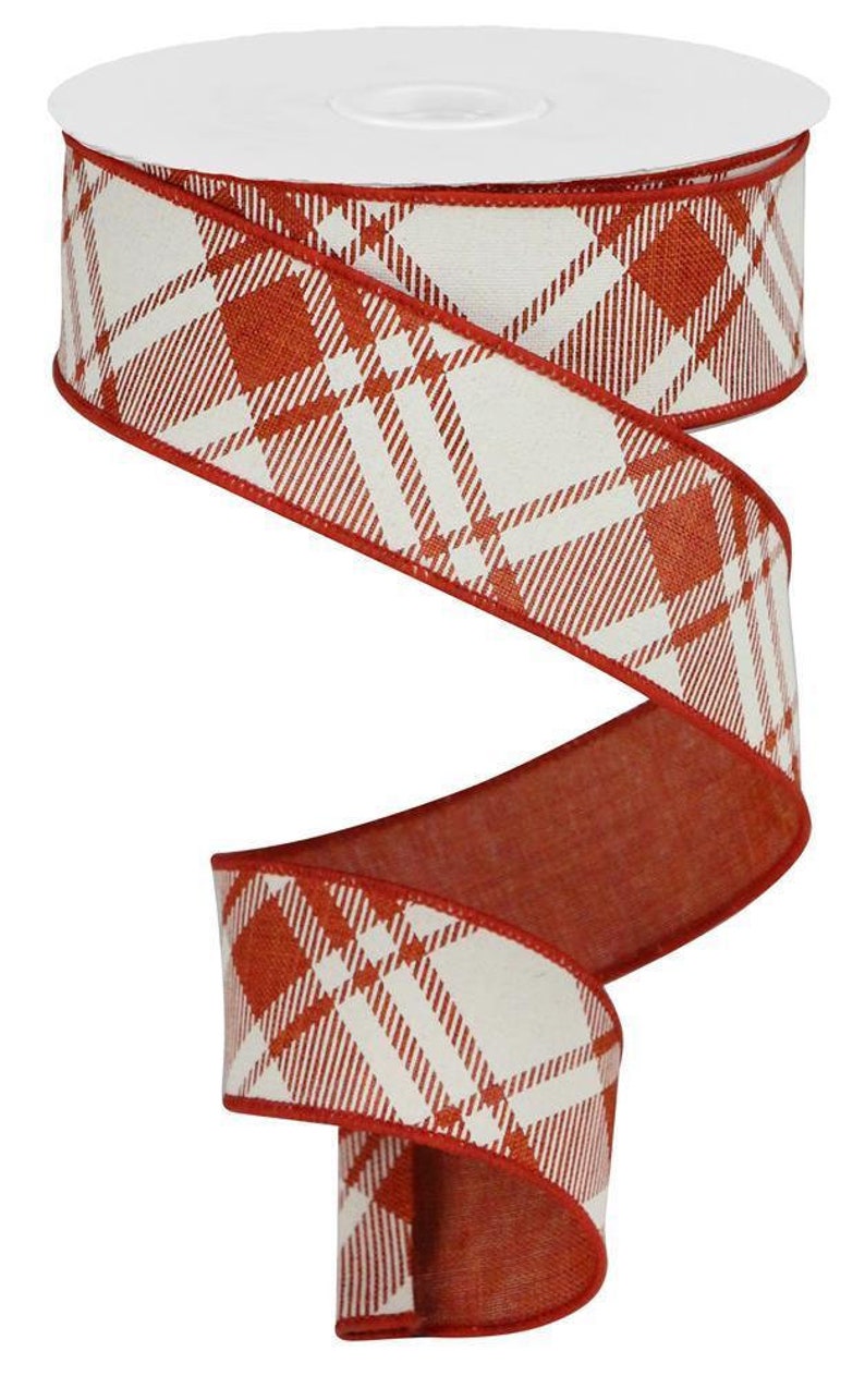 Wired Ribbon Rustic Red Ivory 1.5 X 10 yd Diagonal Stripe Check On Royal RGA128574
