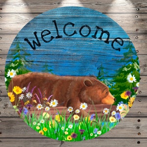 Welcome, Spring Bear, Florals, Round Light Weight, Metal Wreath Sign, No Holes