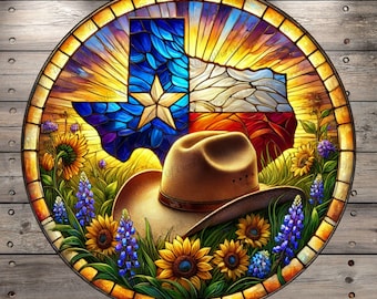 Texas Cowboy Hat | Lightweight Round Metal Wreath Sign | Lone Star Sunflowers & Bluebonnets | Faux Stained Glass Effect | No Holes In Sign