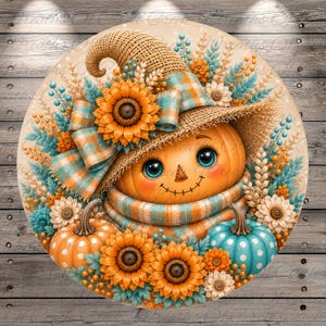 May include: A whimsical, round fall-themed design featuring a smiling pumpkin with a straw hat and plaid scarf. Sunflowers, pumpkins, and teal accents surround the pumpkin, creating a cheerful autumn scene. The background has a wood grain texture.