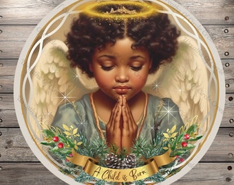 Christmas Angel, A Child Is Born, Round, Light Weight, Metal Wreath Sign, No Holes