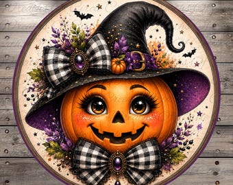 Whimsical Jack O Lantern Witch Aluminum Metal Wreath Sign (Lightweight, No Holes)